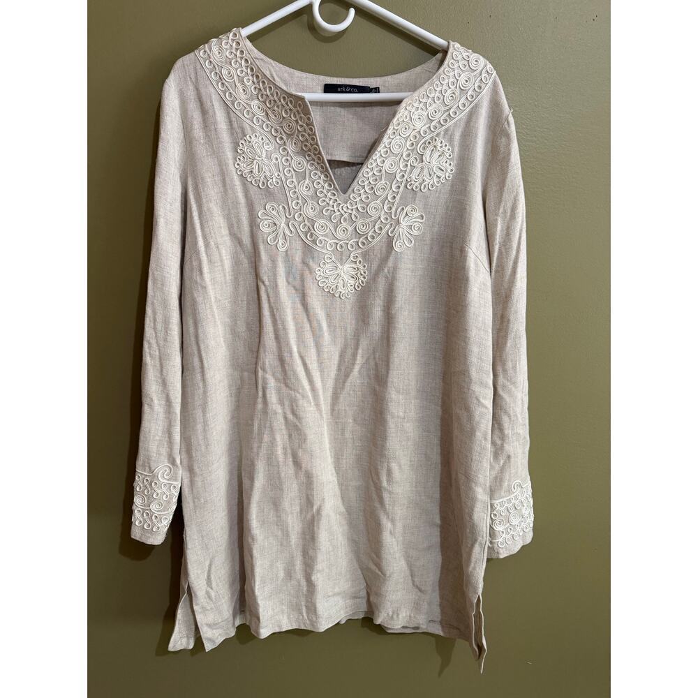Arc & Co linen tunic shirt embroidered V neck women’s L